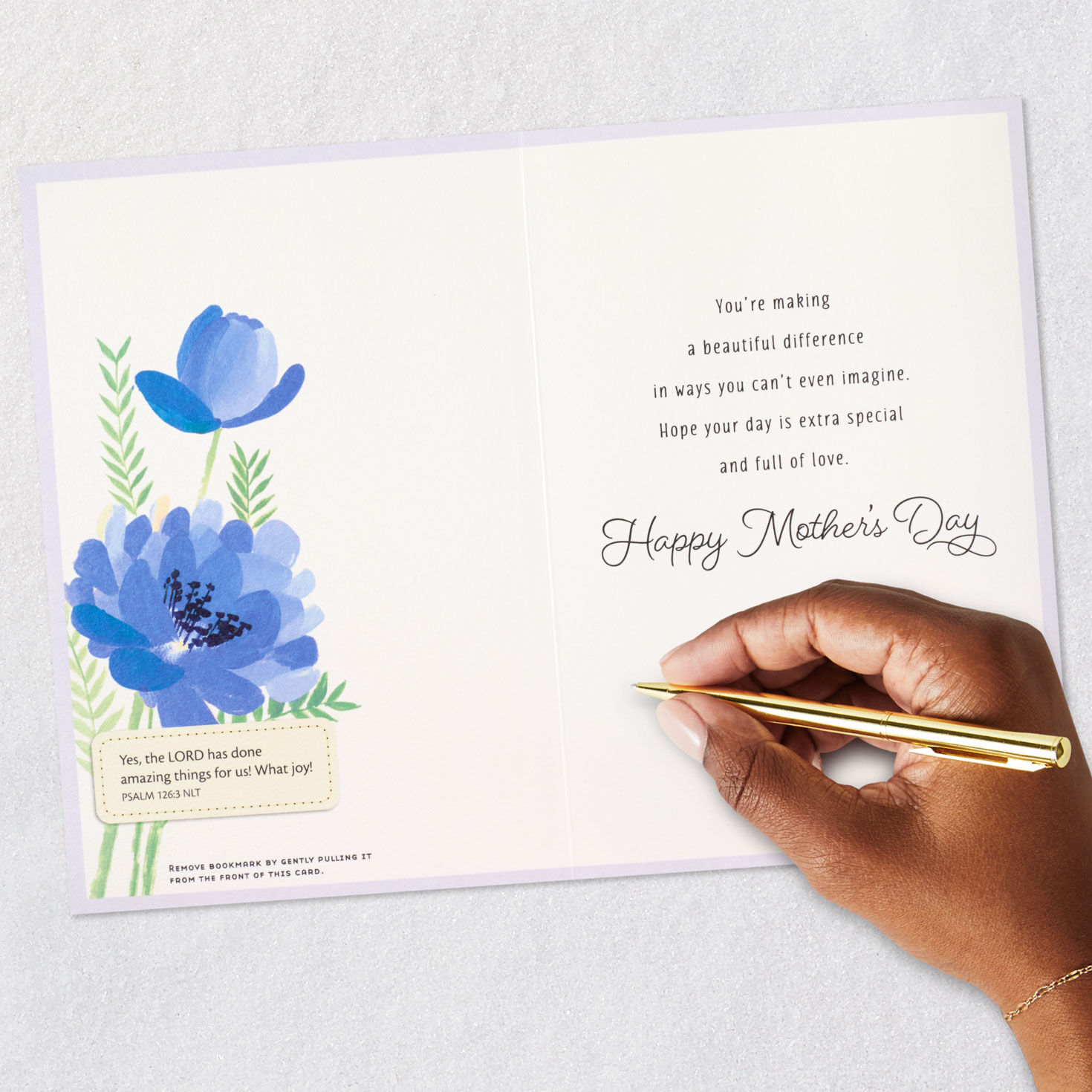 Blue Flowers Faith Mother's Day Card With Bookmark signing card image number 8