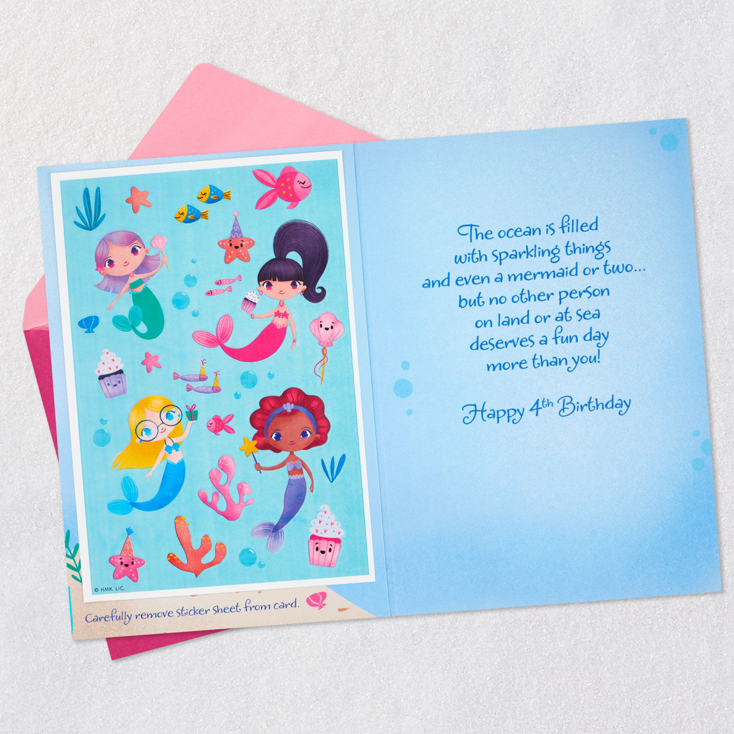 Cute Mermaids 4th Birthday Card With Stickers Open card with envelope image number 3