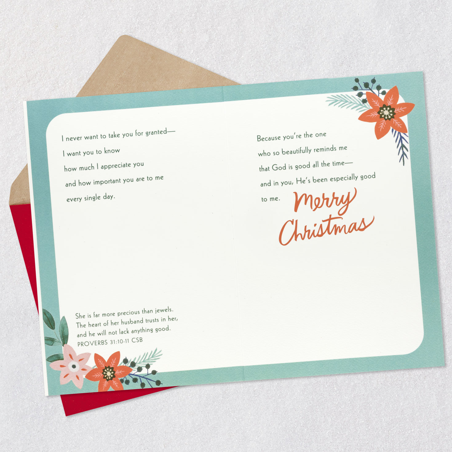 Poinsettia Floral Wife Religious Christmas Card Open card with envelope image number 5