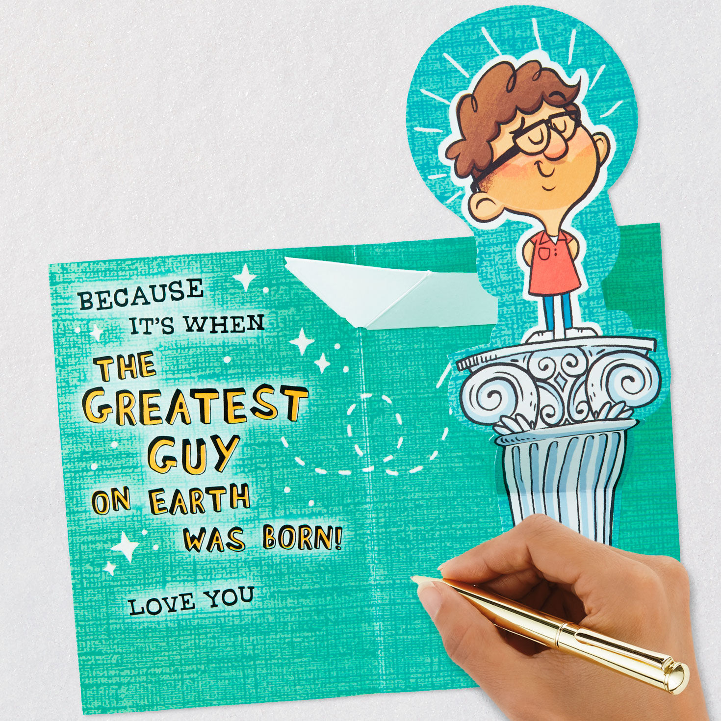 Man on Pedestal Funny Pop-Up Love Birthday Card for Him Signing card image number 6