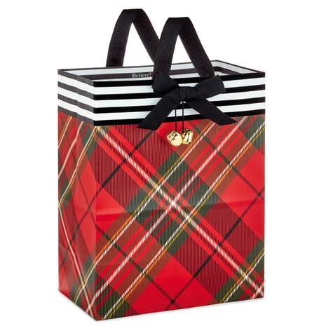 13" Red Plaid With Bow and Bells Christmas Gift Bag, , large