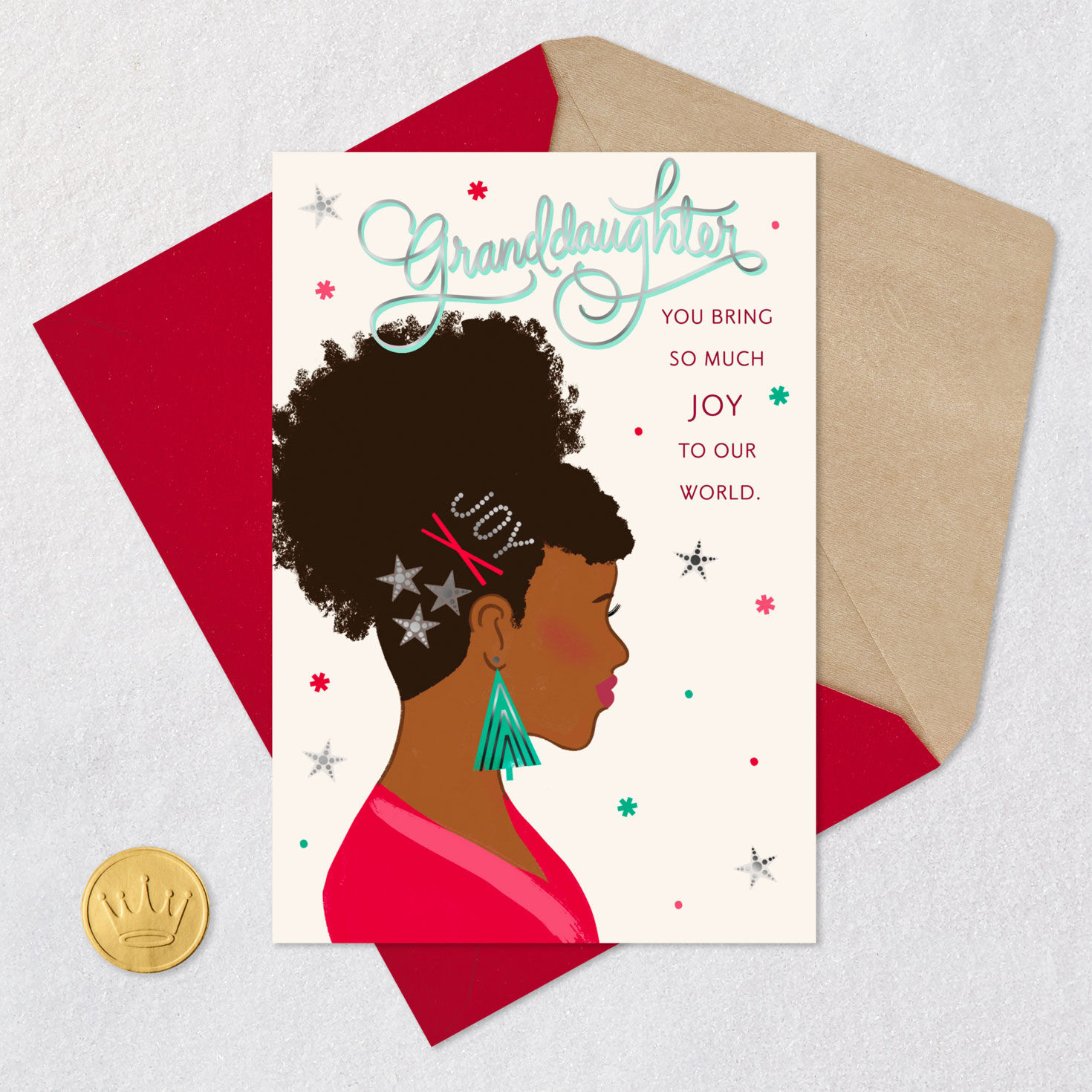 Black Woman Silhouette Granddaughter Christmas Card Card Front with Envelope and Gold Seal image number 5