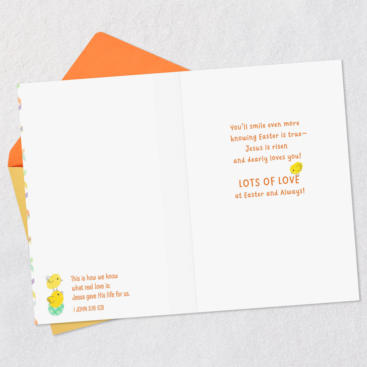 Bunny and Chicks on Orange Easter Card for Grandson Open card with envelope image number 4