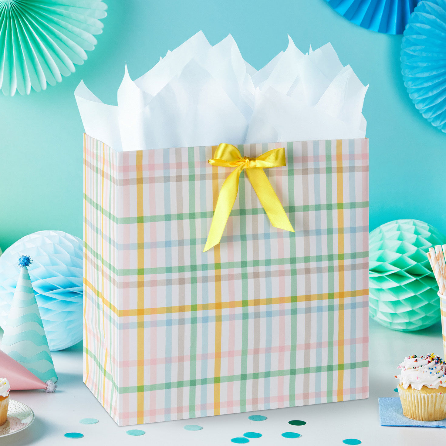 Pink, Blue, Yellow, Green and Brown Plaid Gift Bag in use image number 2