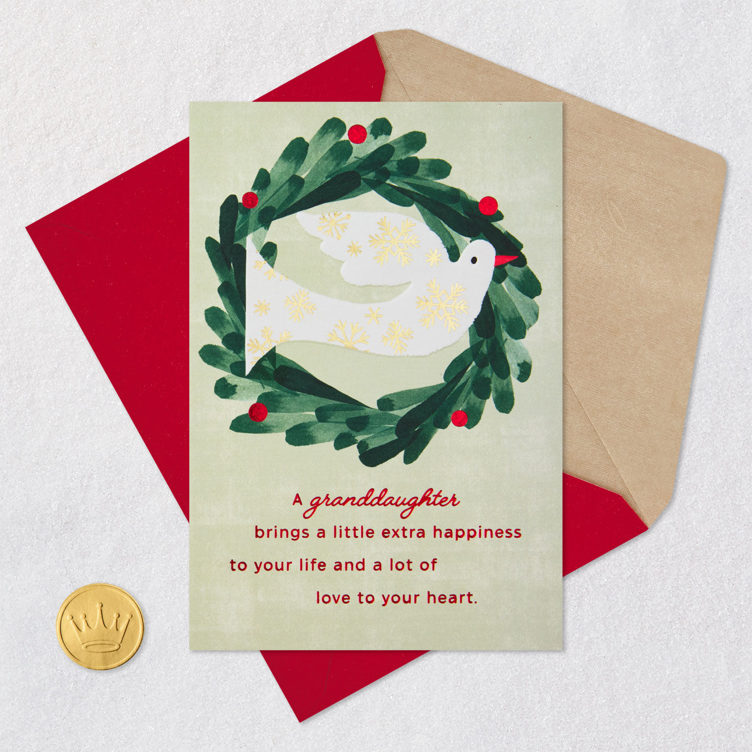 Dove and Wreath Christmas Card for Granddaughter Card Front with Envelope and Gold Seal image number 6