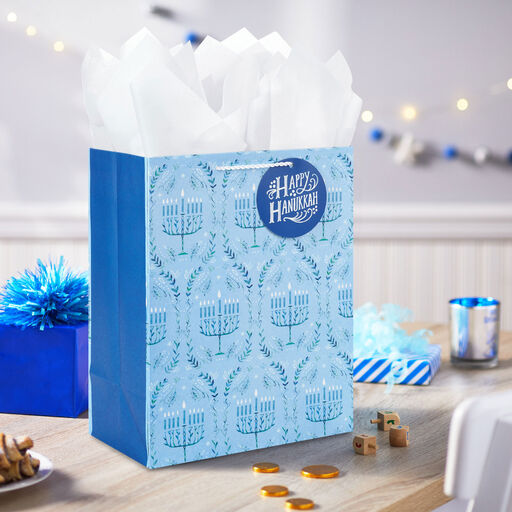 13" Tree of Life Menorahs on Blue Large Hanukkah Gift Bag, 