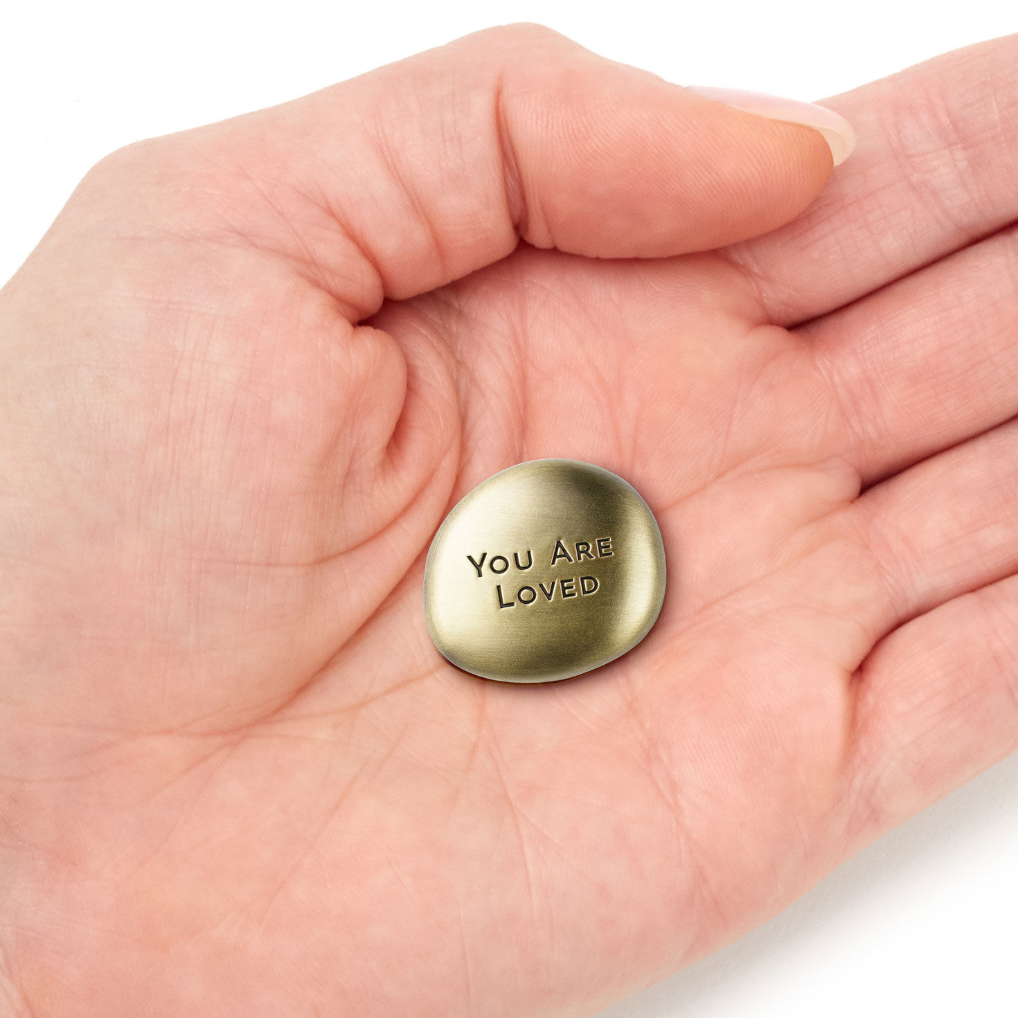 You Are Loved Antiqued Metal Pocket Token item on hand image number 4