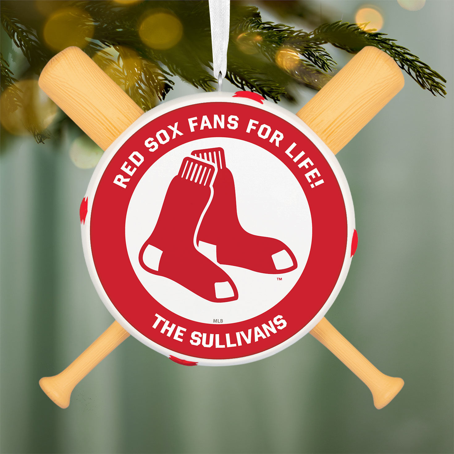 Boston Red Sox Personalized Text Ornament hanging on tree image number 3