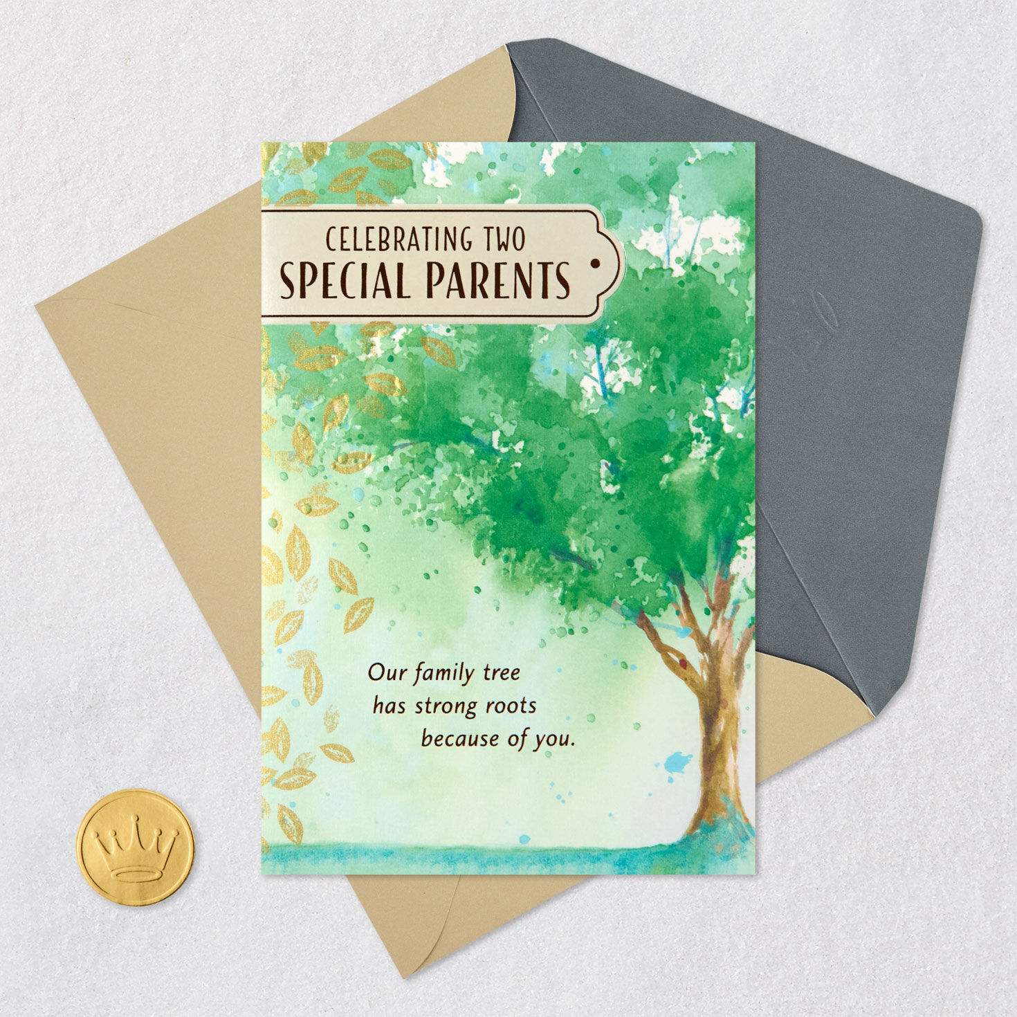 Watercolor Tree with Green Leaves Anniversary Card Card Front with Envelope and Gold Seal image number 5