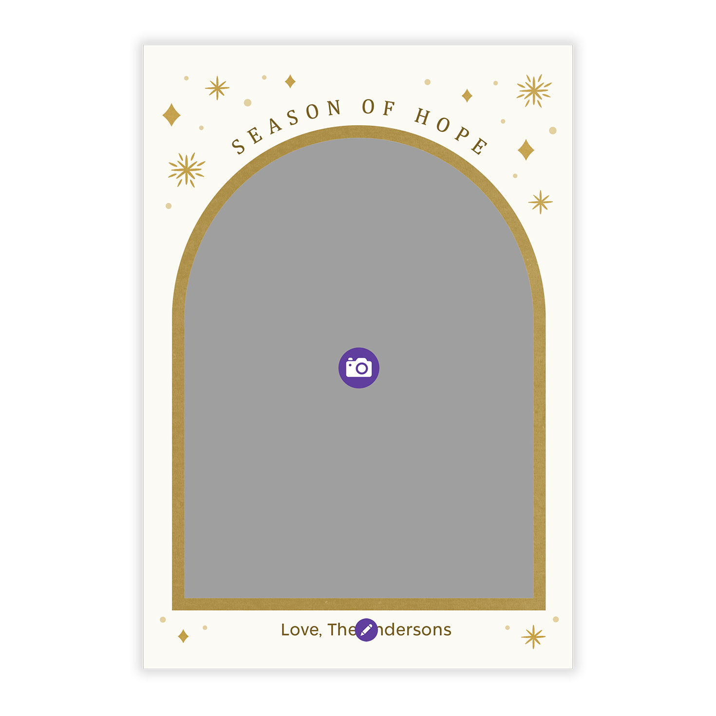 Gold Arch and Stars Personalized Holiday Photo Card Card Front indicating personalization image number 5