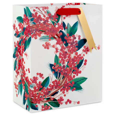 9.6" Berry Wreath on White Medium Christmas Gift Bag, , large