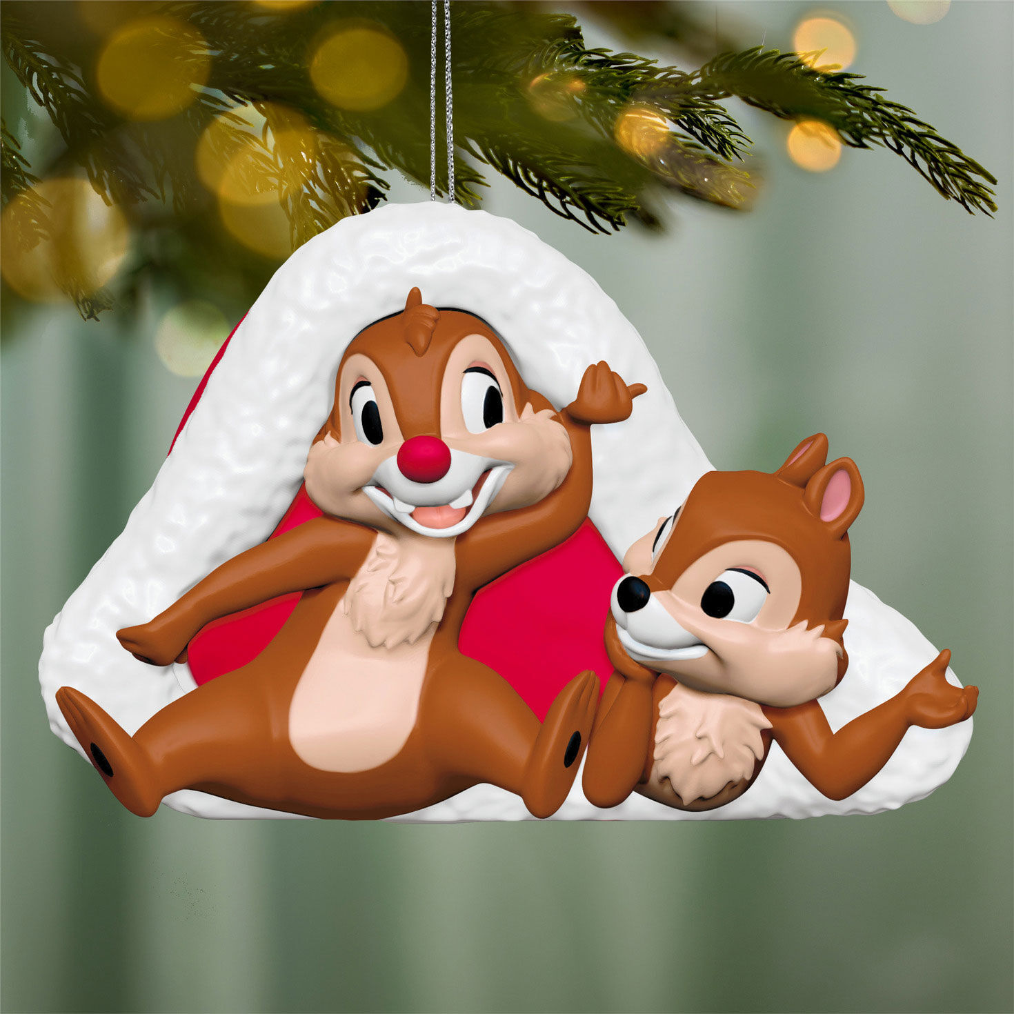 Chip and Dale in Santa Hat Keepsake Ornament Hanging on tree image number 2