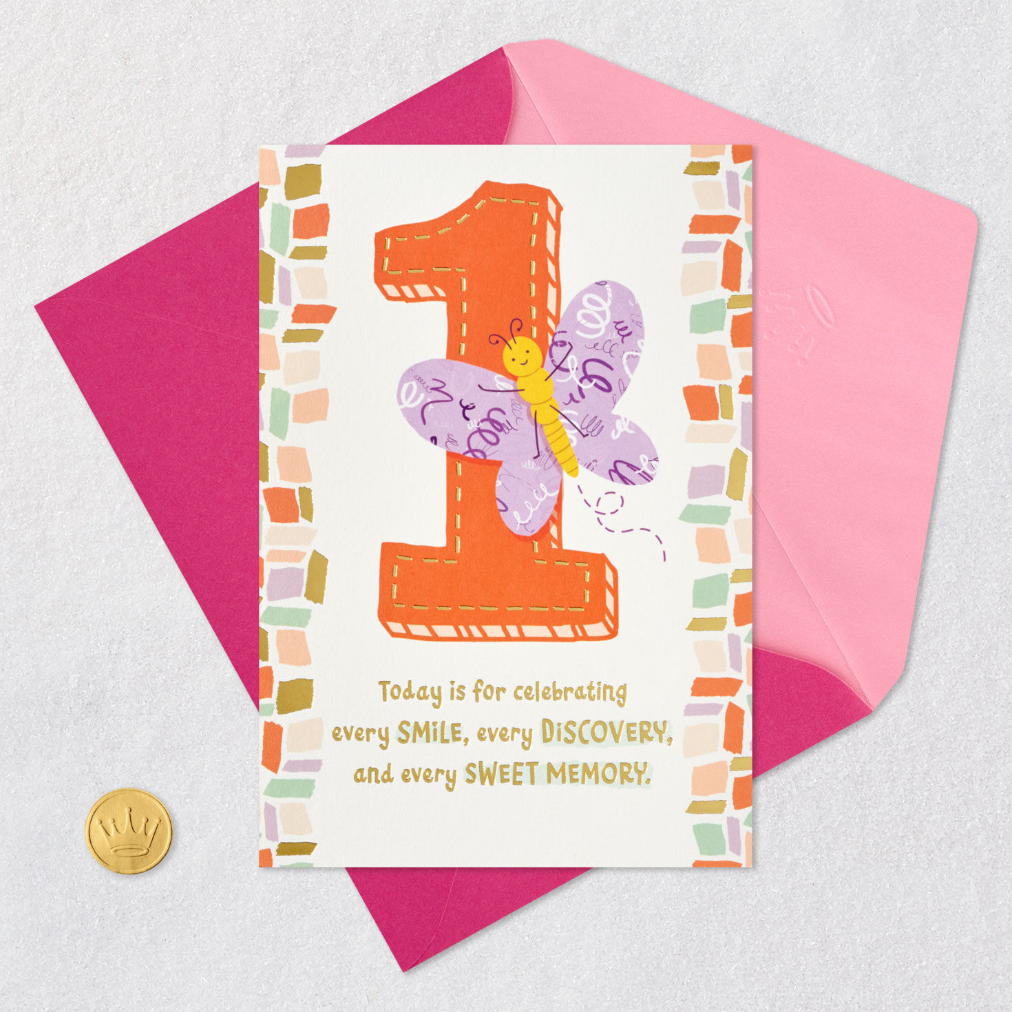 Purple Butterfly First Birthday Card for Kid Card Front with Envelope and Gold Seal image number 5