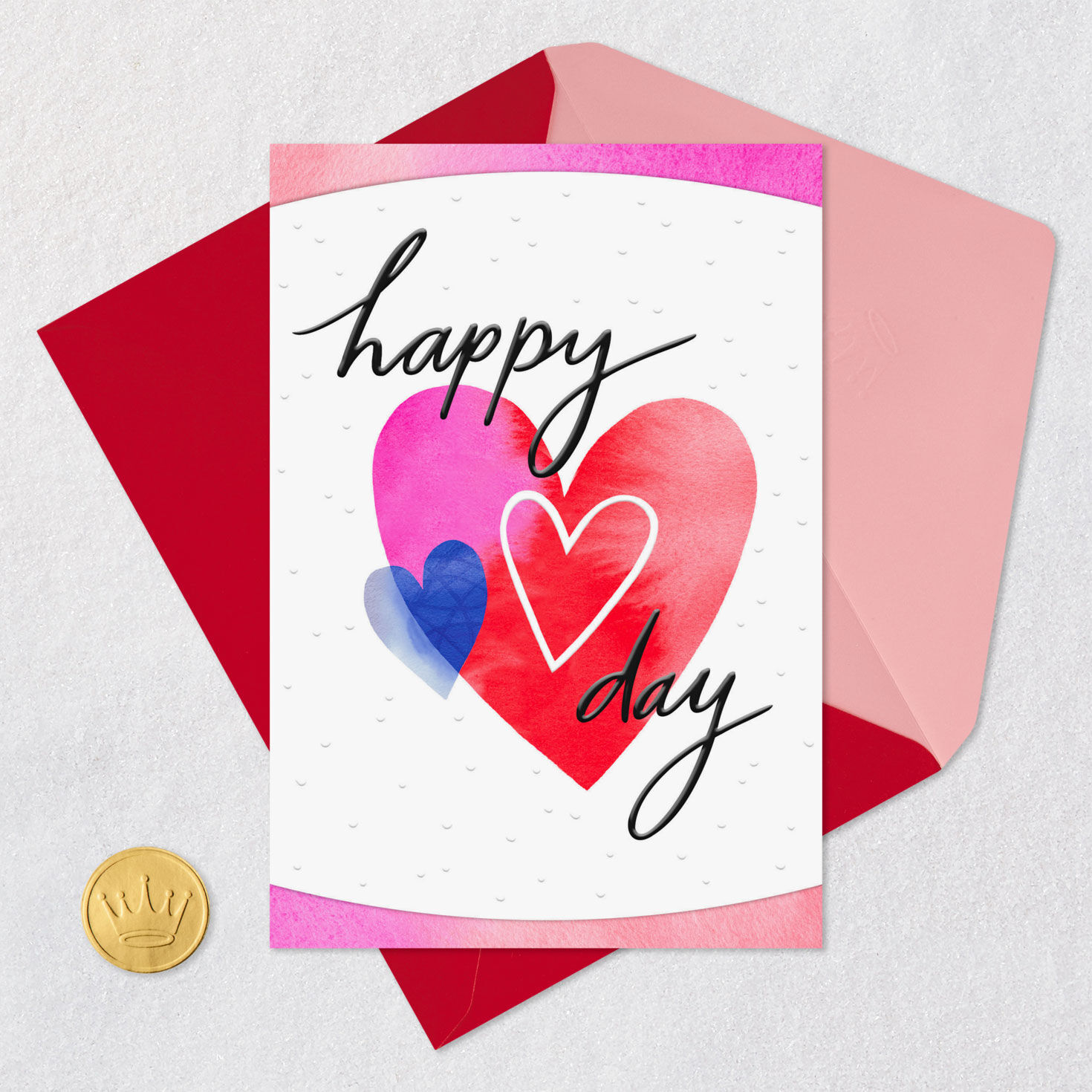 Pink, Blue and Red Watercolor Heart Valentine's Day Card Card Front with Envelope and Gold Seal image number 6