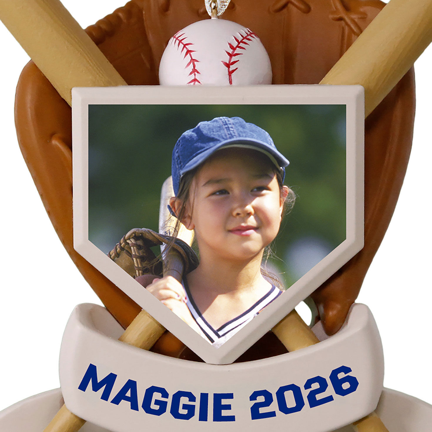 America's Pastime Baseball Personalized Ornament, Custom Photo and Text closeup view image number 5