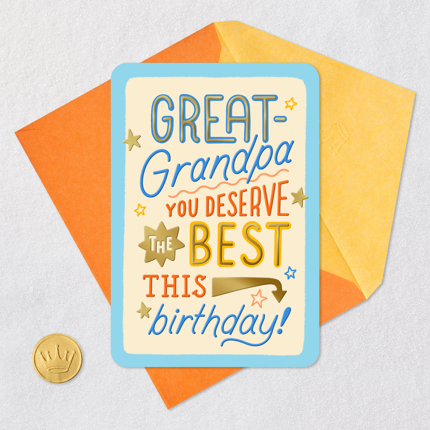 Blue, Gold and Yellow Great-Grandpa Birthday Card Card Front with Envelope and Gold Seal image number 5