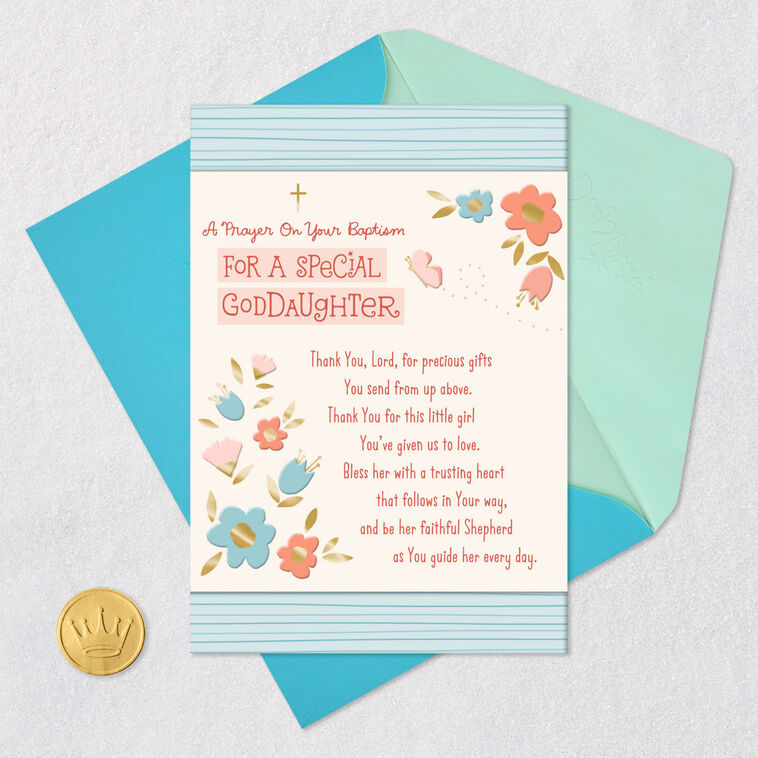 Blue and Coral Flowers Baptism Card for Goddaughter  image number 6