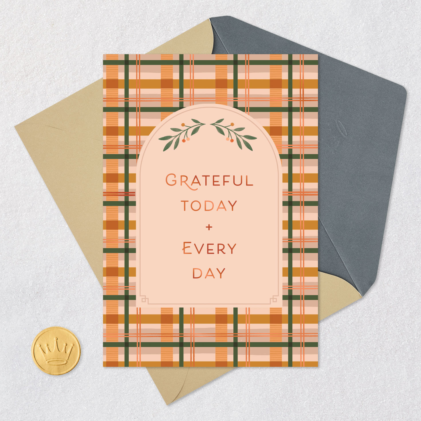 Fall Plaid and Berries Thanksgiving Card Card Front with Envelope and Gold Seal image number 5