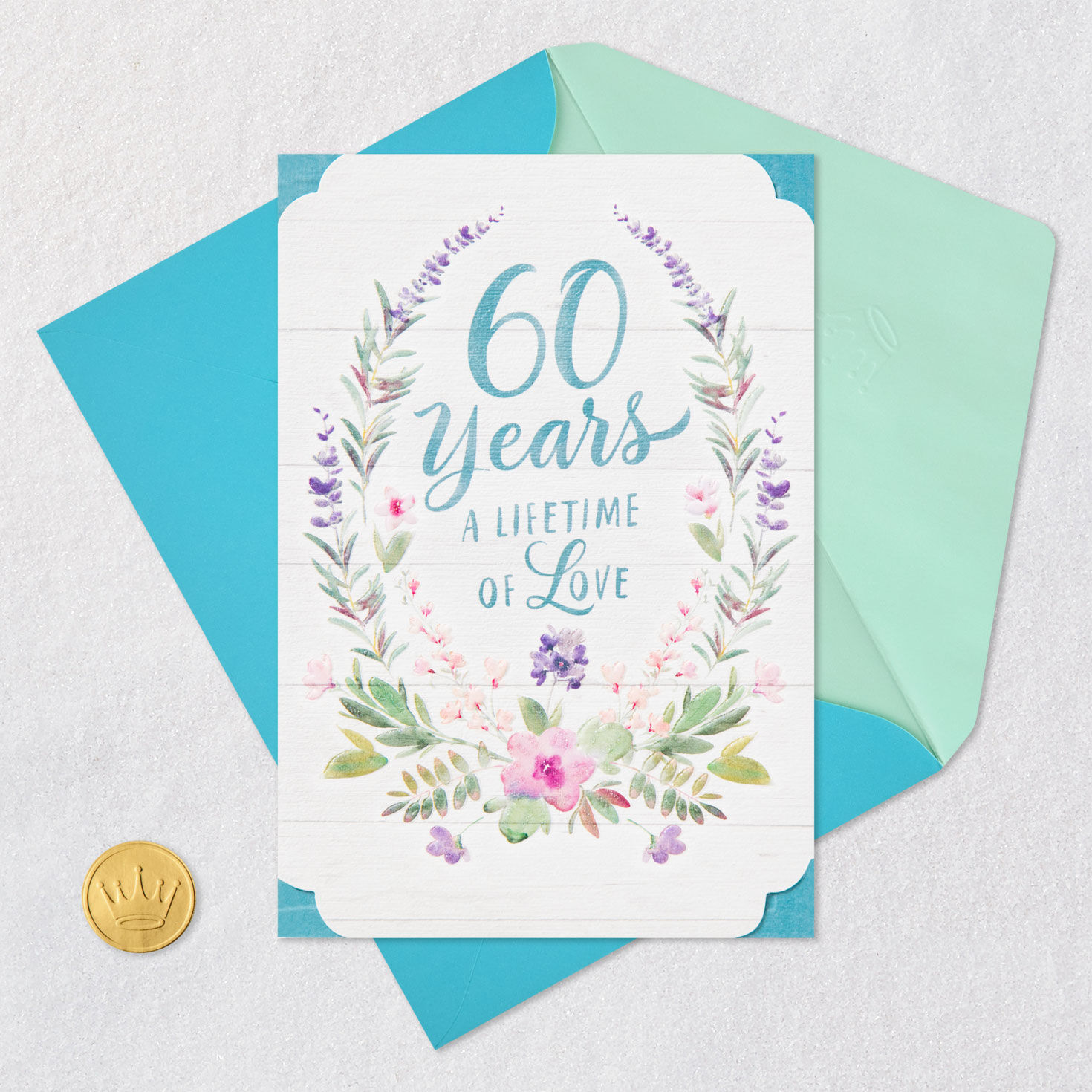 Flowers on White Plank 60th Anniversary Card Card Front with Envelope and Gold Seal image number 6