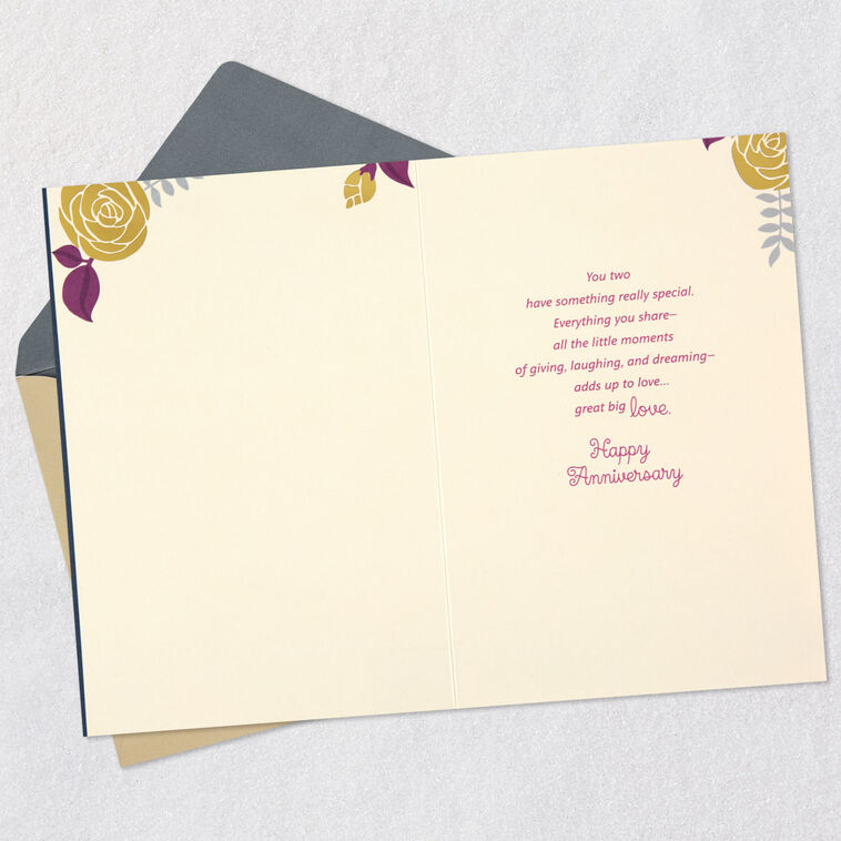 Gold and Purple Flowers and Letters on Navy Anniversary Card Open card with envelope image number 3