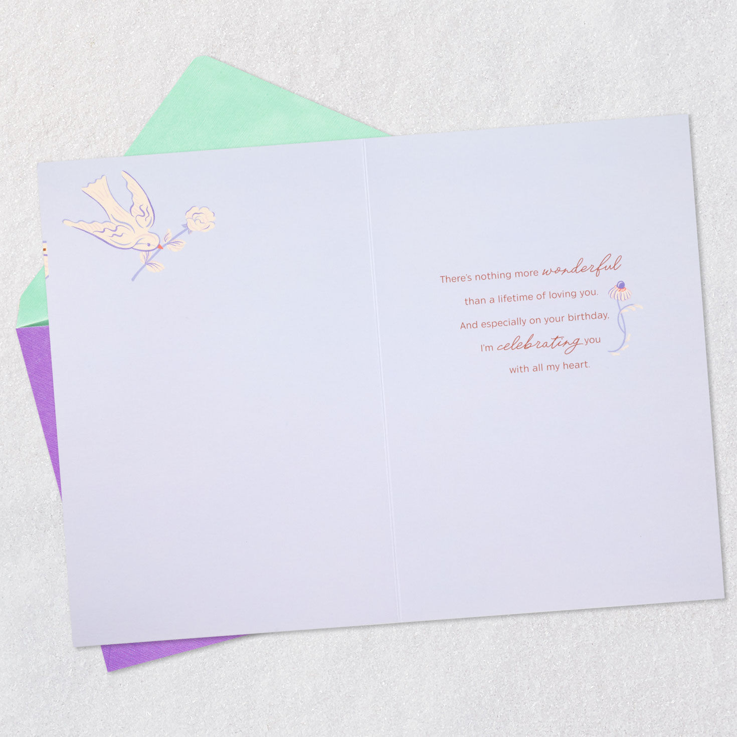 Birds and Blossoms Romantic Birthday Card for Wife Open card with envelope image number 3