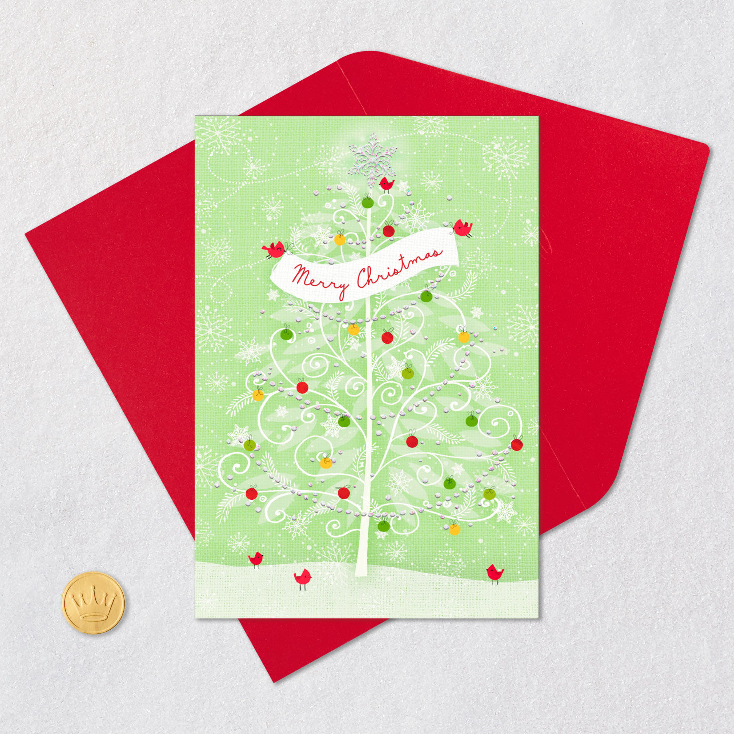 Snowy Tree With Ornaments and Cardinals Christmas Card, , large image number 5