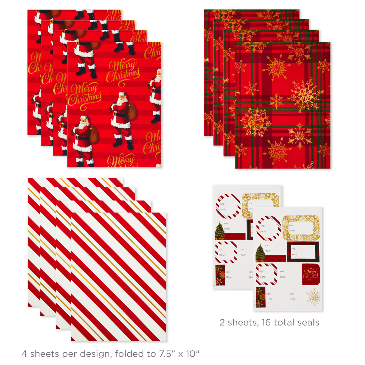 Christmas Prints Assorted Flat Wrapping Paper With Gift Tags, 12 sheets