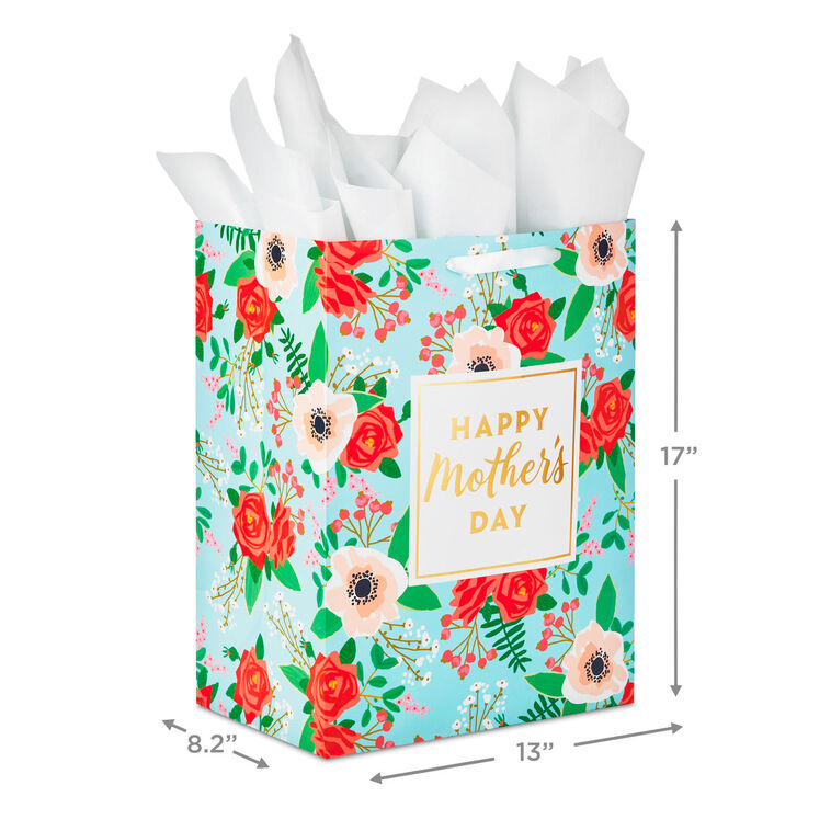 17" Teal Floral XL Mother's Day Gift Bag With Tissue, , large image number 3