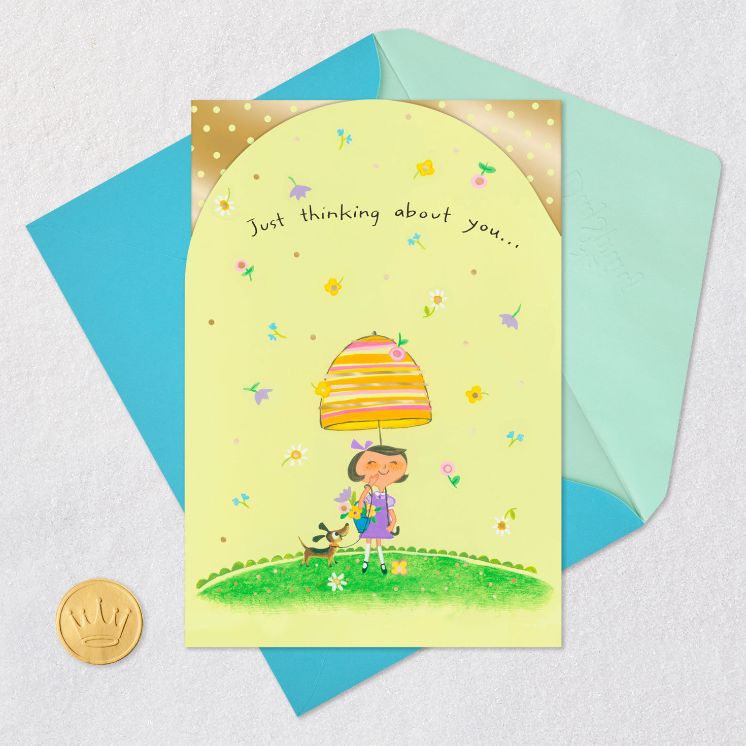 Girl Under Umbrella Religious Thinking of You Card Card Front with Envelope and Gold Seal image number 6
