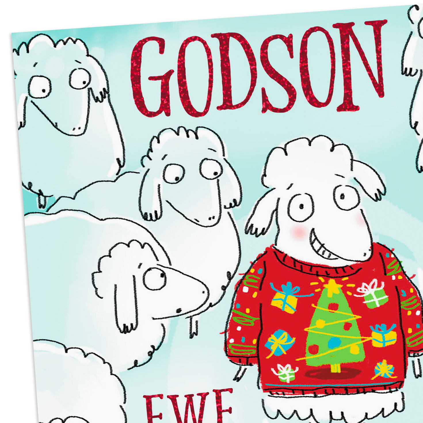Funny Sheep in Ugly Sweater Christmas Card for Godson Card Front Detail image number 4