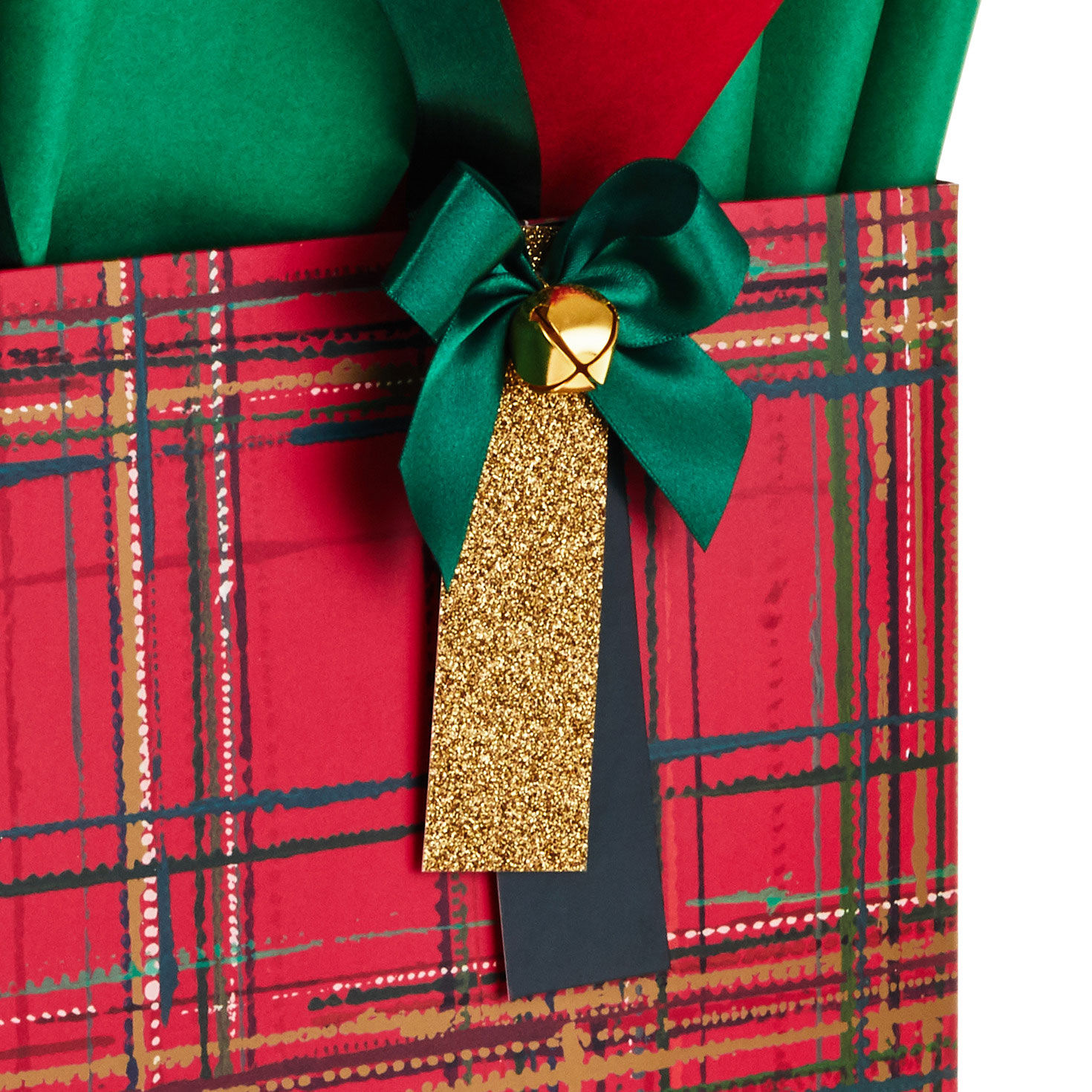 12.5" Red Plaid With Bell Extra-Large Christmas Gift Bag With Tissue Paper, , large image number 4