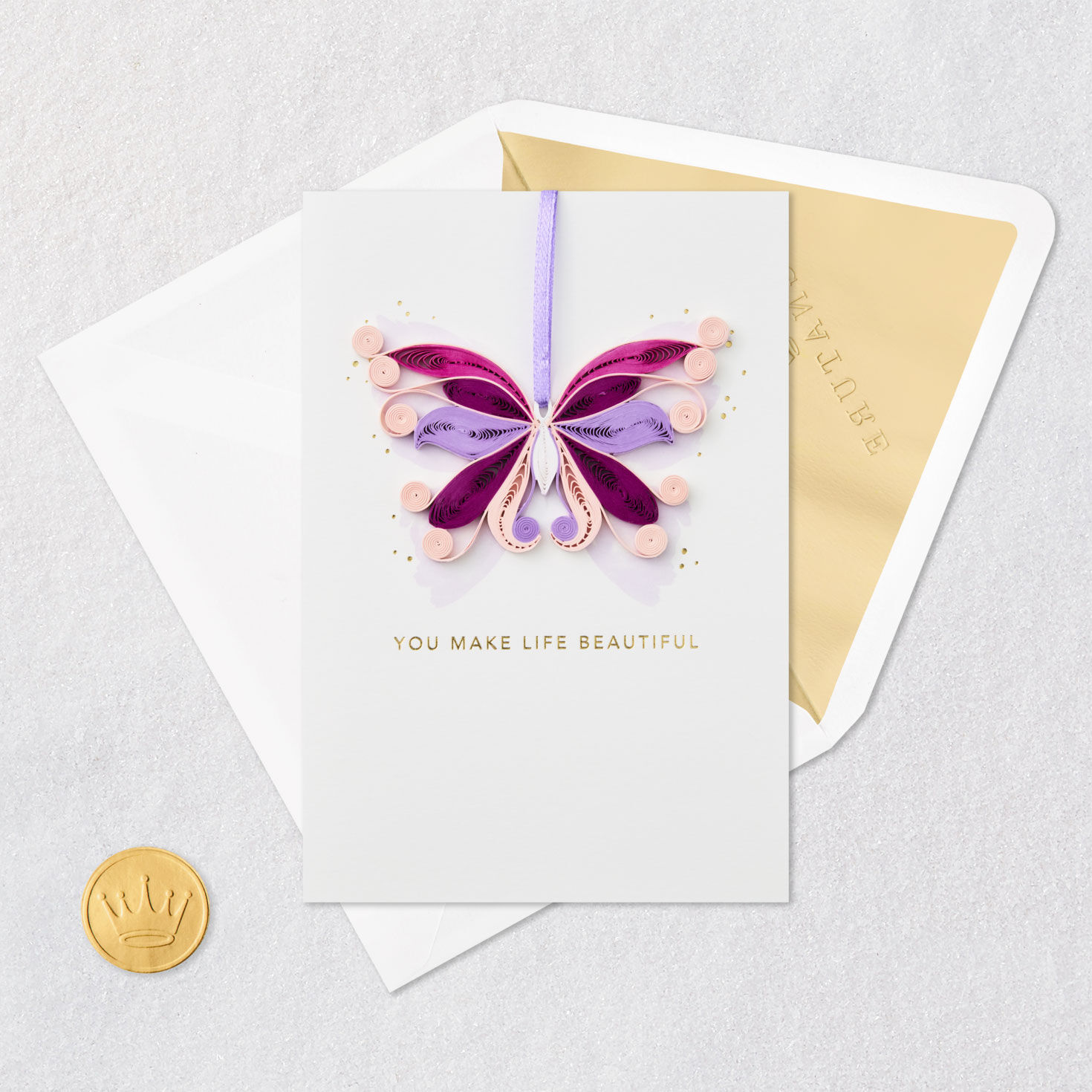 Quilled Pink and Purple Butterfly Birthday Card Card Front with Envelope and Gold Seal image number 6
