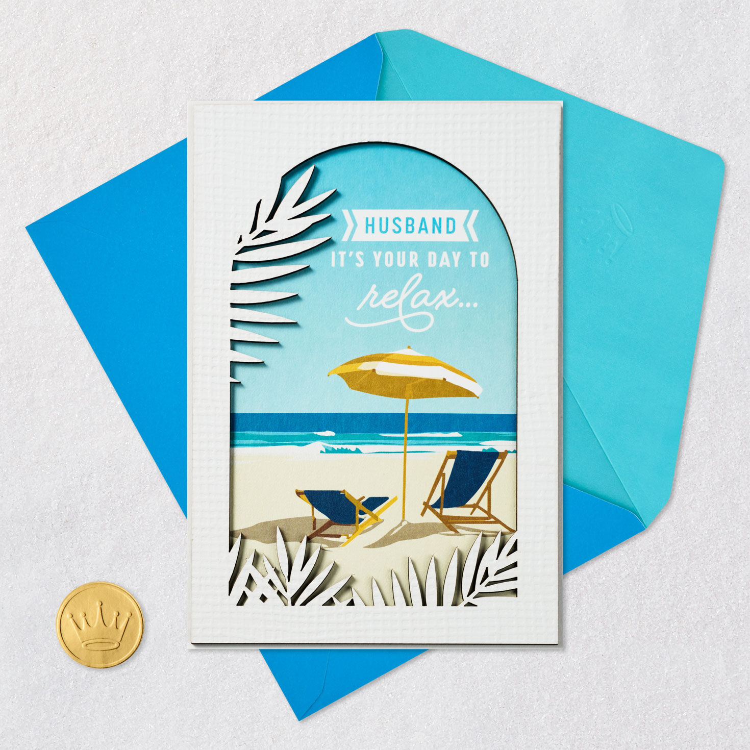 Lounge Chairs on Beach Birthday Card for Husband Card Front with Envelope and Gold Seal image number 6