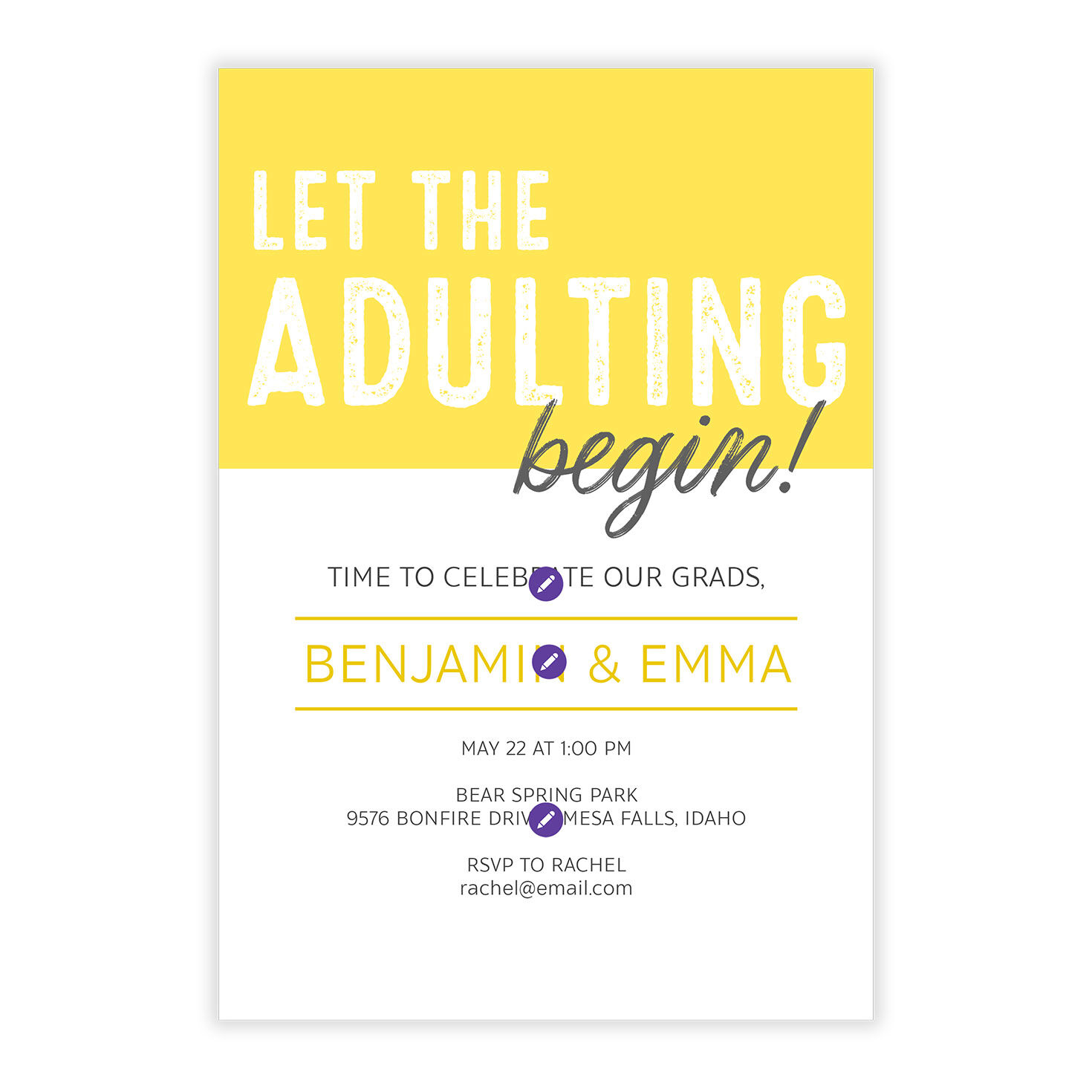 Yellow White Adulting Grad Party Invitation Card Front indicating personalization image number 5