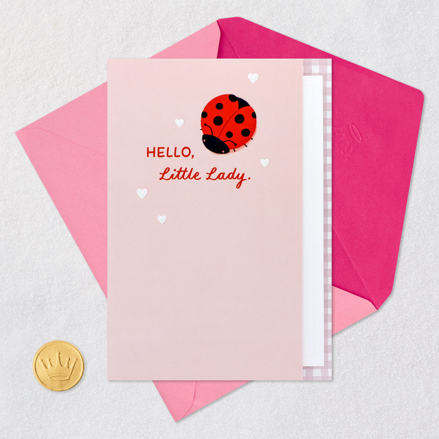 Ladybug on Pink New Baby Girl Card Card Front with Envelope and Gold Seal image number 5