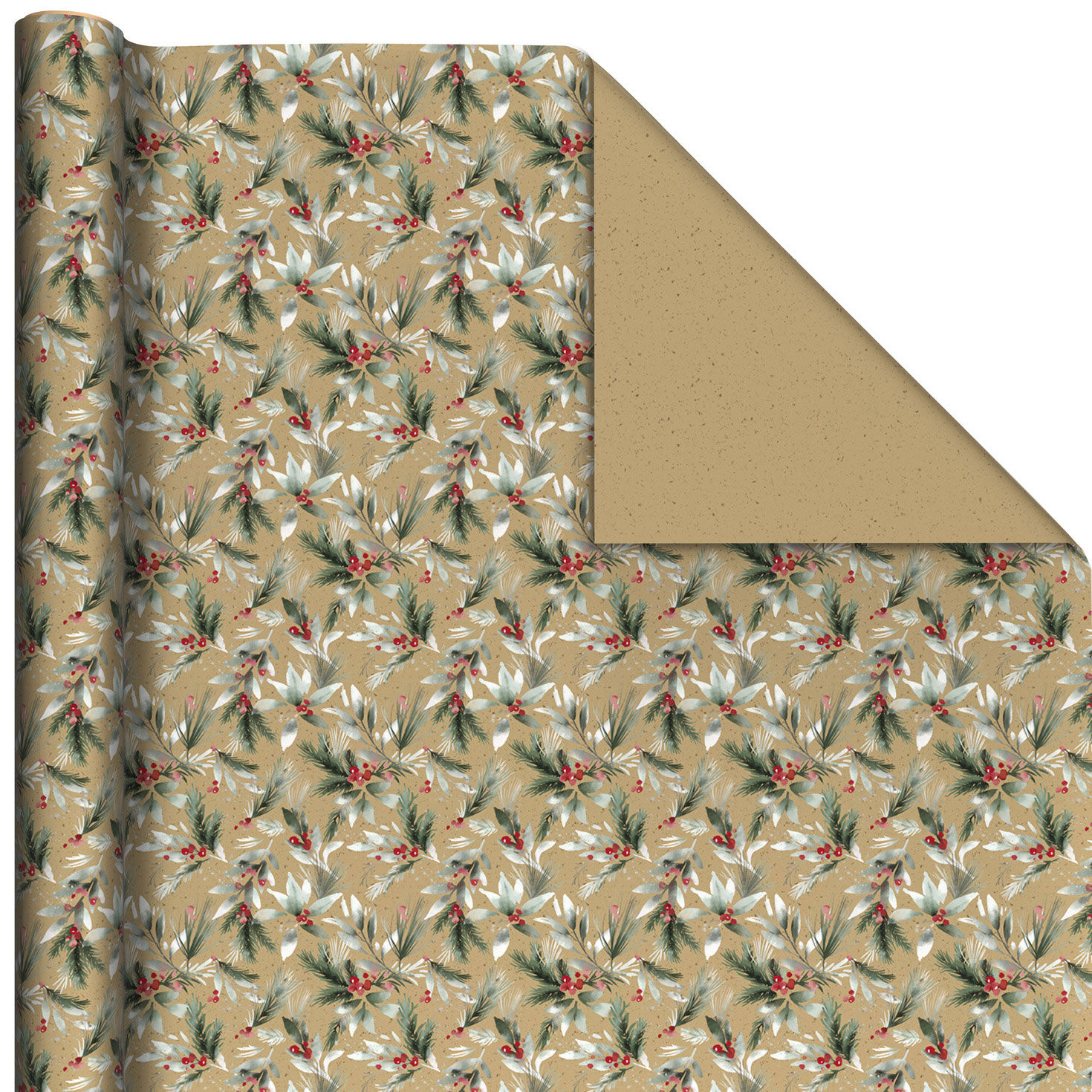 Kraft Greenery/Brown Flecks Holiday Reversible Wrapping Paper Roll, 22.5 sq. ft.