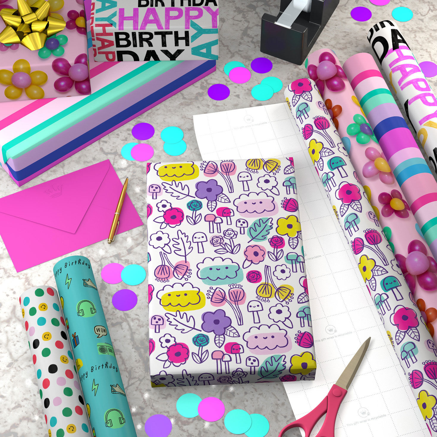 Birthday Whimsy 6-Pack Assorted Wrapping Paper Roll Bundle, 180 sq. ft. total, , large image number 3