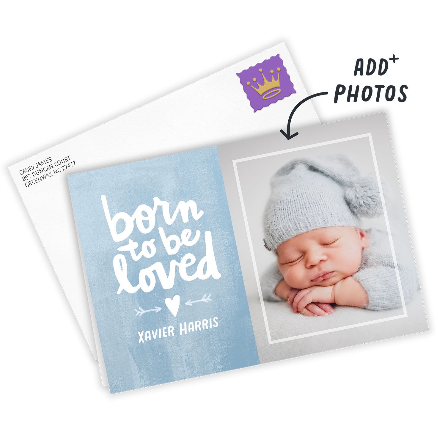 Personalized Born to Be Loved Blue New Baby Photo Card, , large image number 2