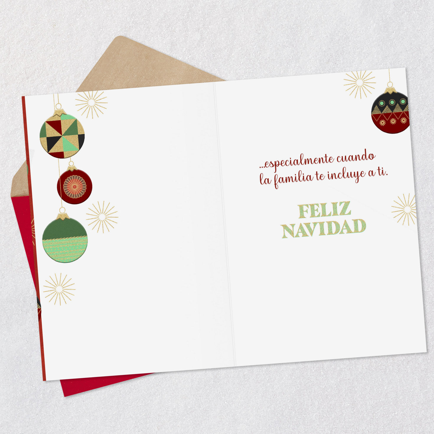 Patterned Ornaments on Red Christmas Card in Spanish Open card with envelope image number 3
