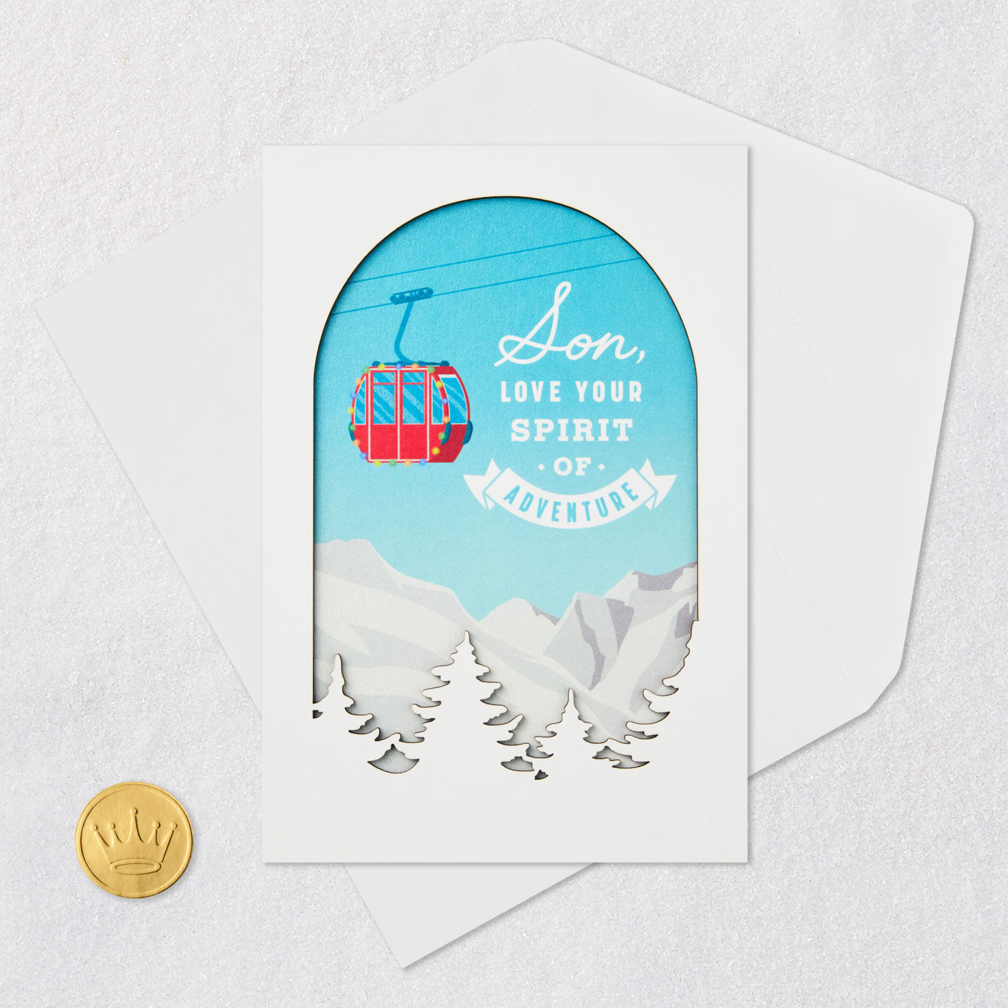 Red Gondola Snowy Mountain Christmas Card for Son Card Front with Envelope and Gold Seal image number 6