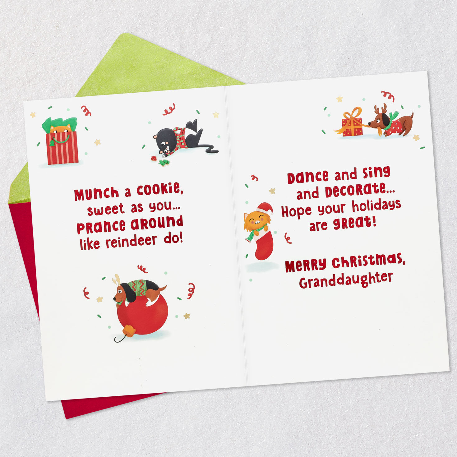 Cute Cats and Dogs Christmas Card for Granddaughter Open card with envelope image number 4
