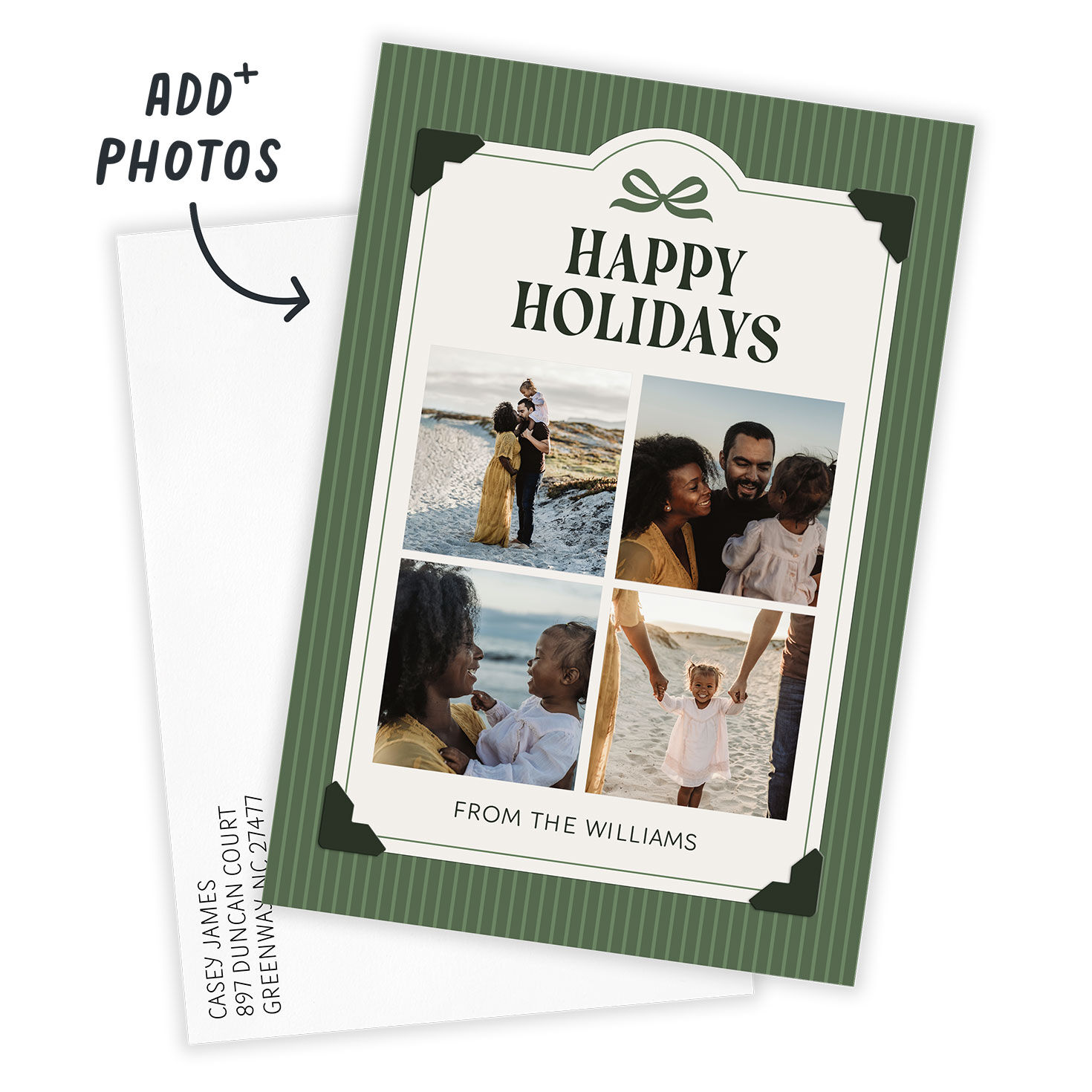Green Stripes Bow Personalized Holiday Photo Card Card with Envelope indicating personalization image number 2