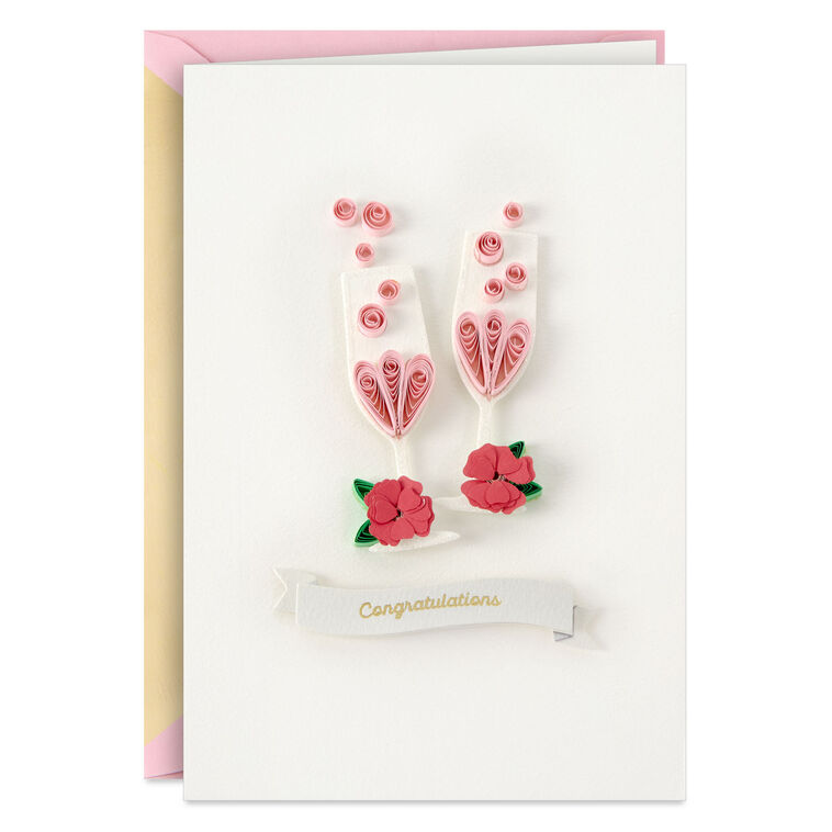 Pink Champagne Flutes Quilled Paper Handmade Wedding Card for Couple