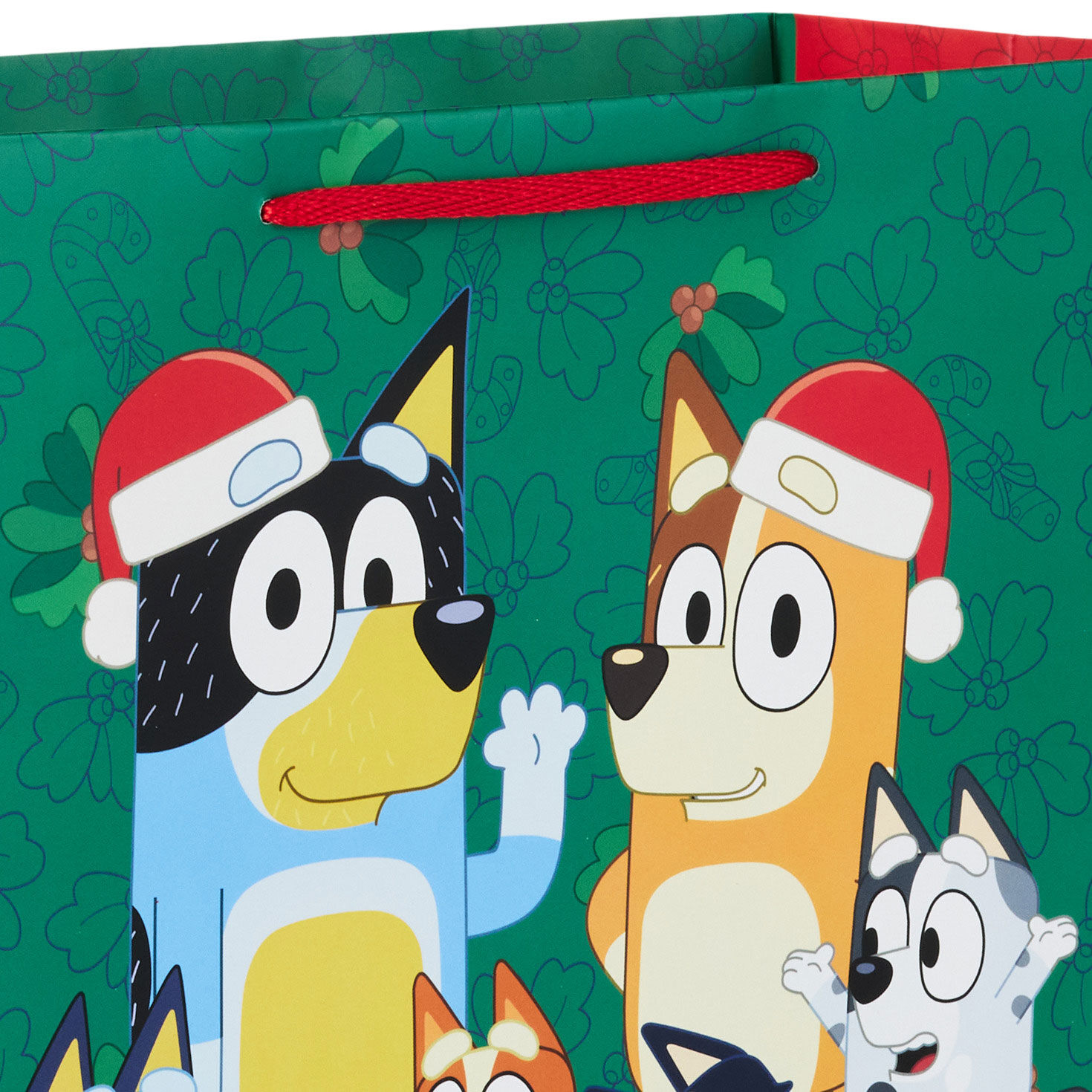 Bluey Family on Green Large Christmas Gift Bag Handle Detail image number 4