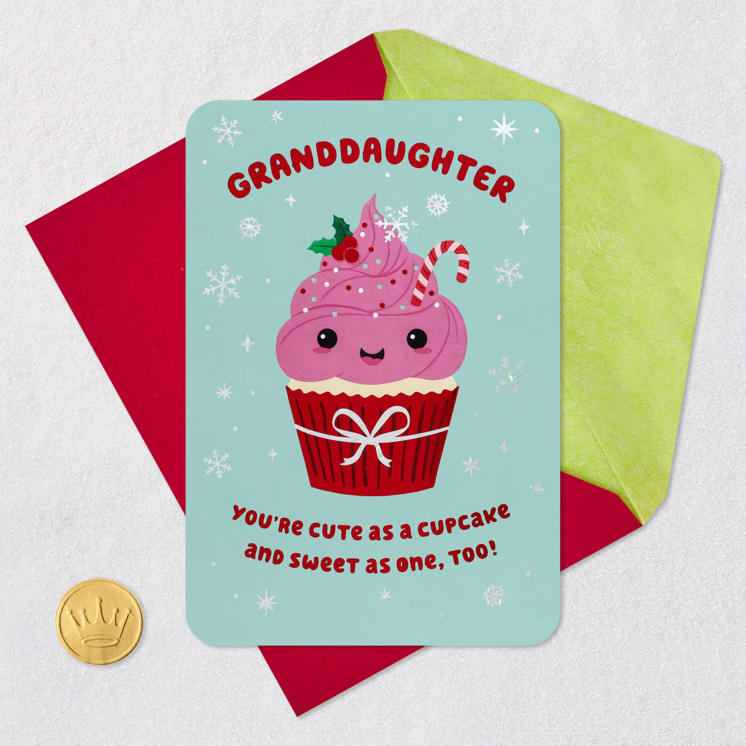 Pink Kawaii Cupcake Christmas Card for Granddaughter Card Front with Envelope and Gold Seal image number 5