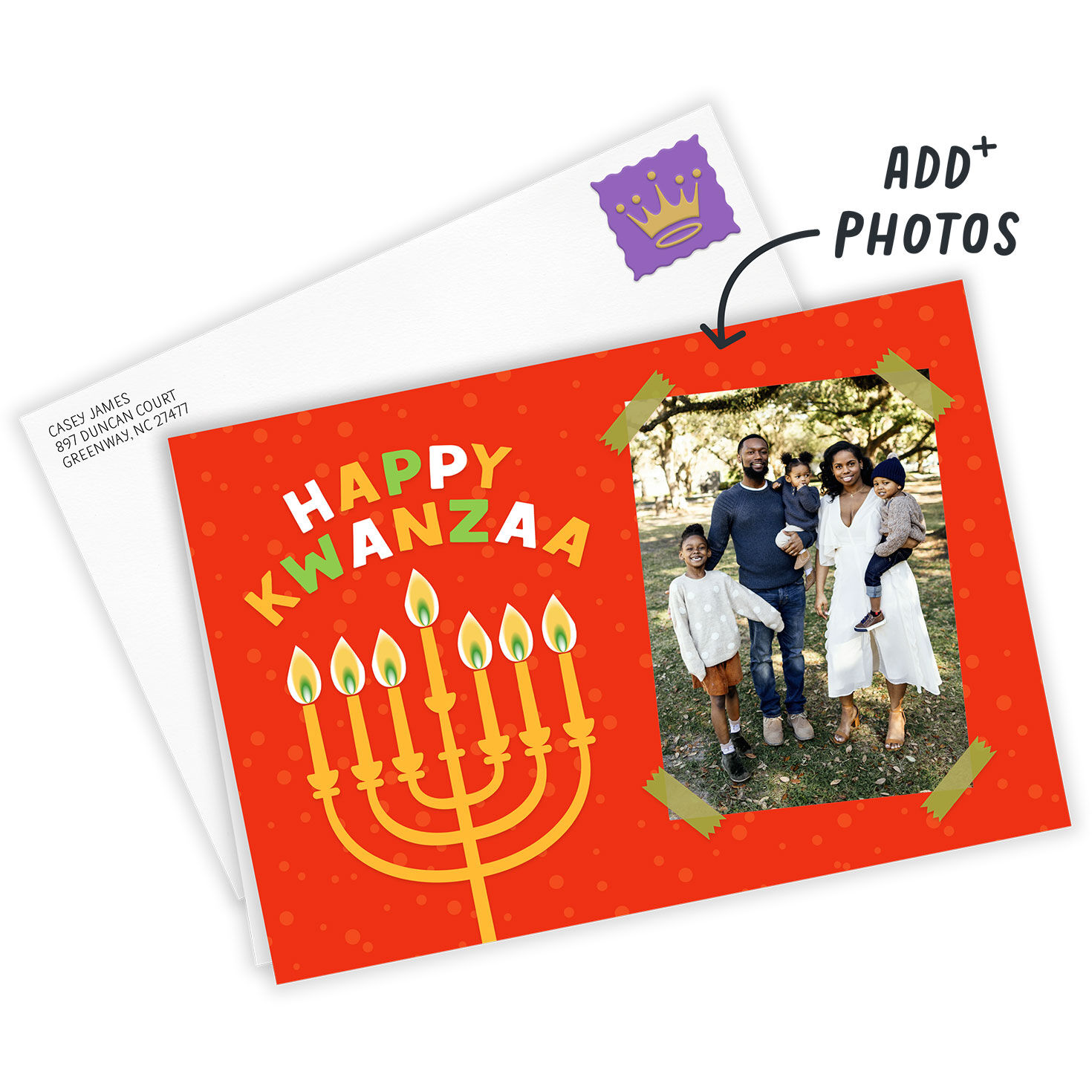 Kinara and Scrapbook Photo Personalized Kwanzaa Card Open Card with Envelope indicating personalization image number 2