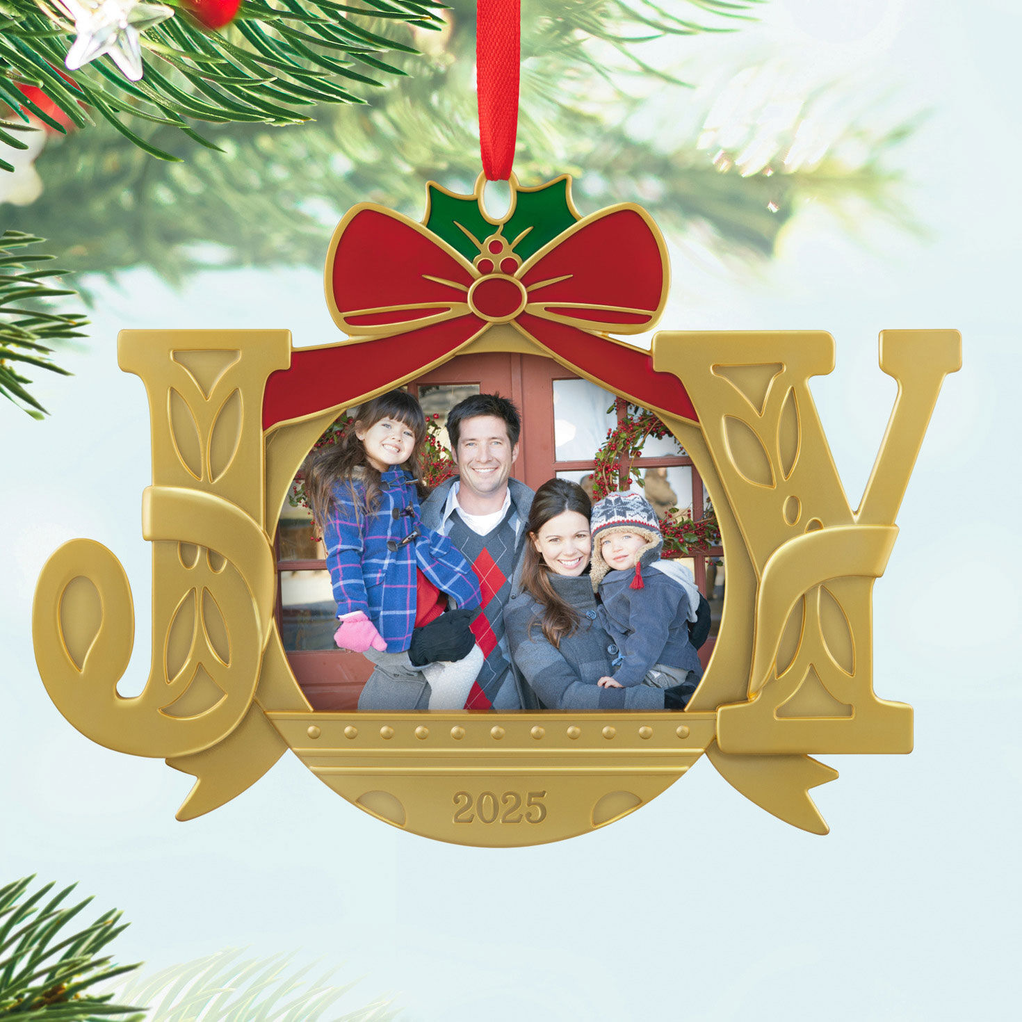 Gold Joy Photo Frame Keepsake Ornament Hanging on tree image number 2