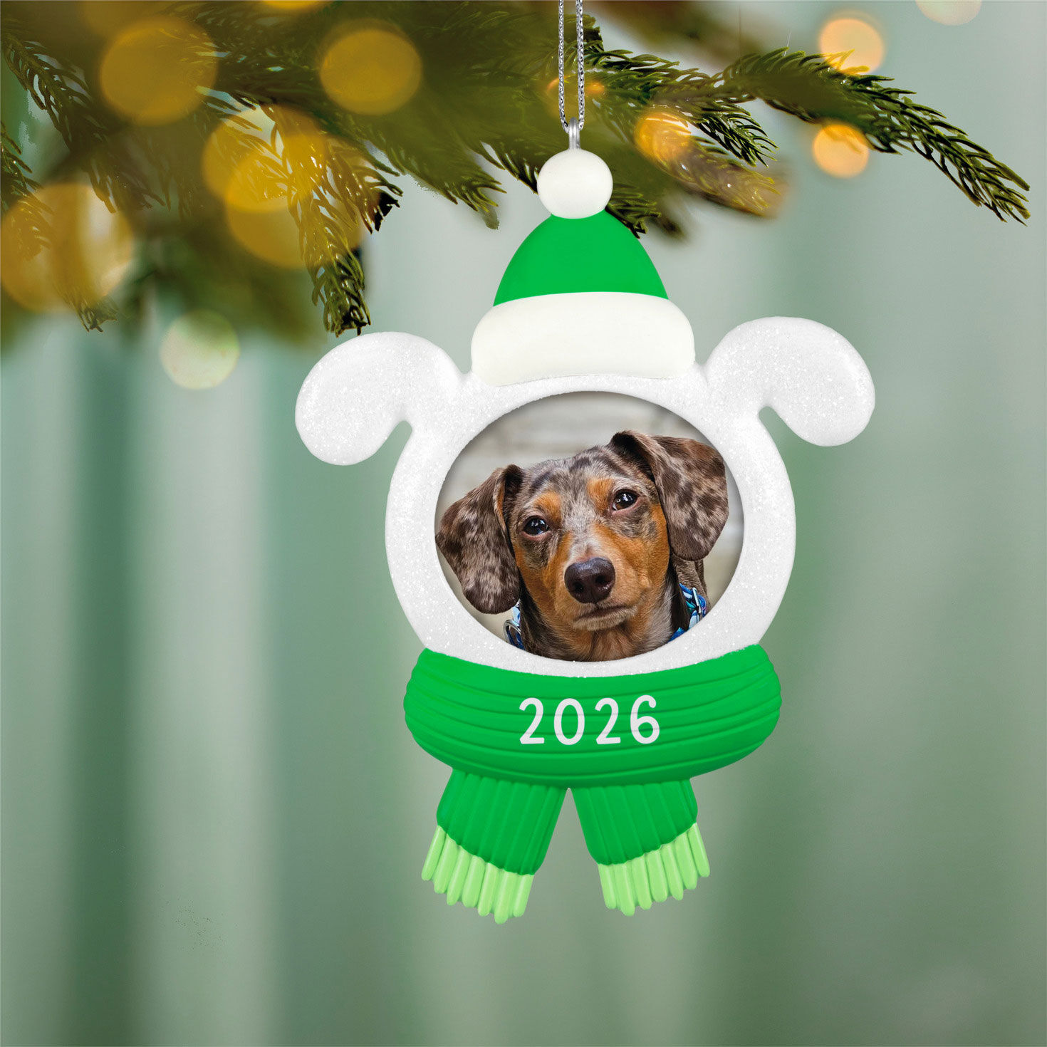 Dog in Hat Scarf Photo Frame Keepsake Ornament hanging on tree image number 2