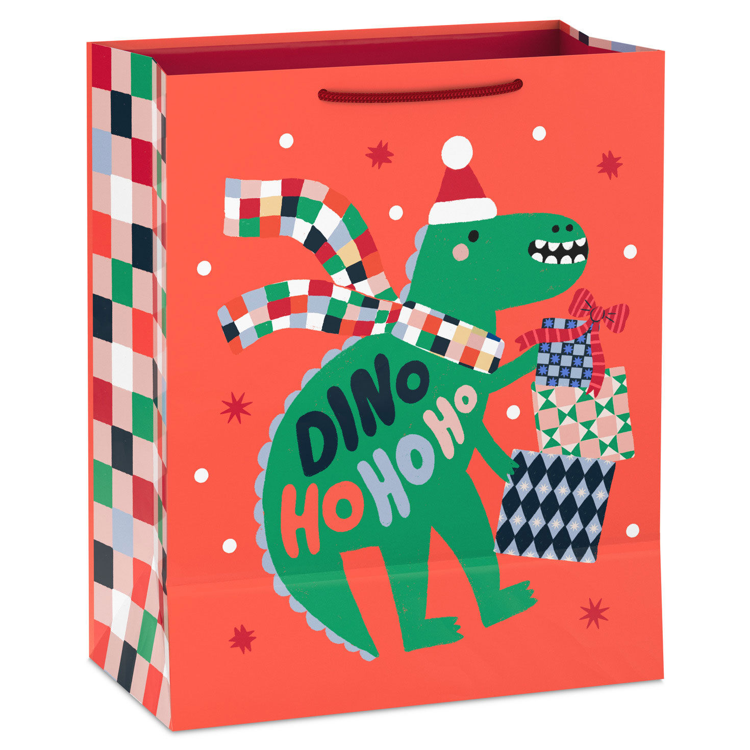 Dinosaur on Orange Large Holiday Gift Bag Back image number 6