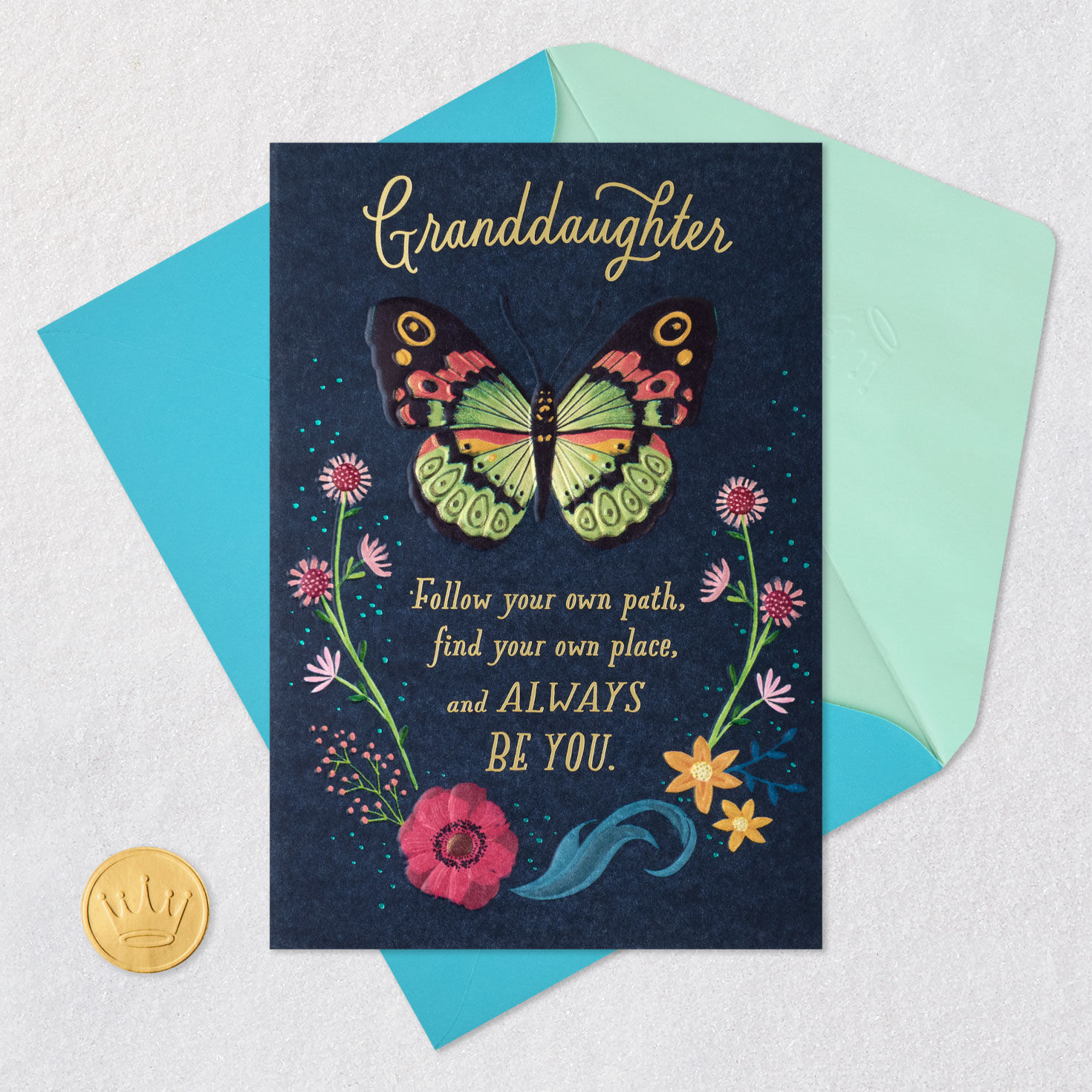 Butterfly and Flowers Blue Graduation Card for Granddaughter Card Front with Envelope and Gold Seal image number 5